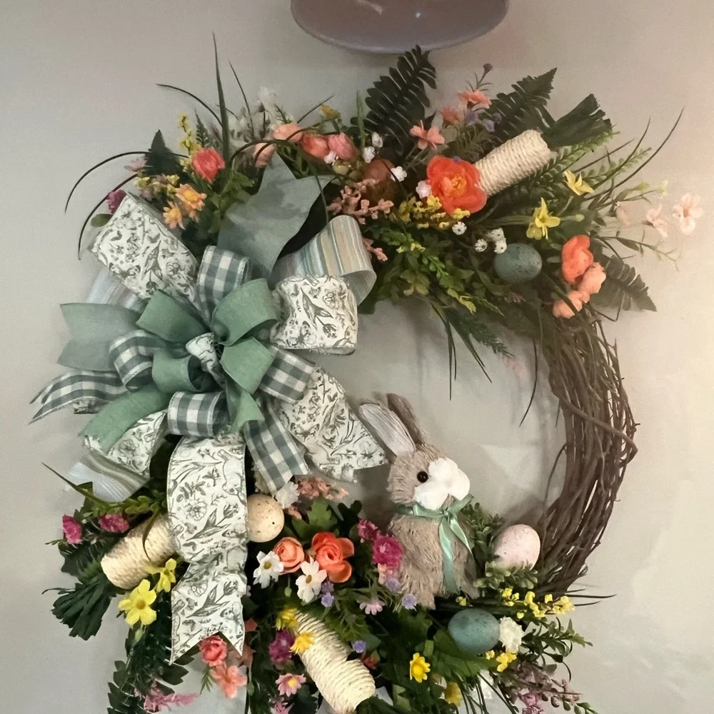 Floral Spring Wreath with Bunny and Bow